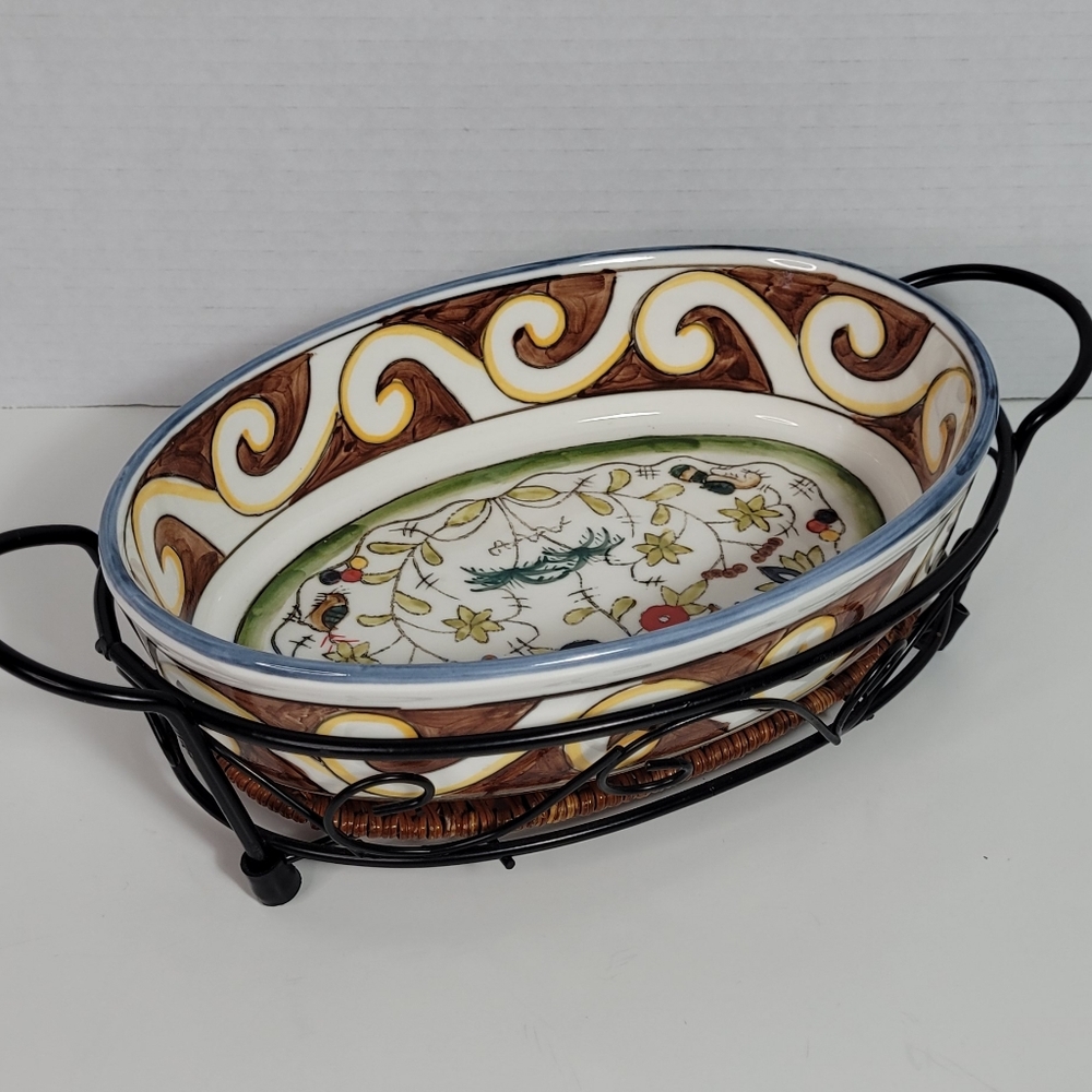 Temptations Oven to Table Beautiful Oval Dish w Metal Stand & Wicker Pad - Picture 7 of 16